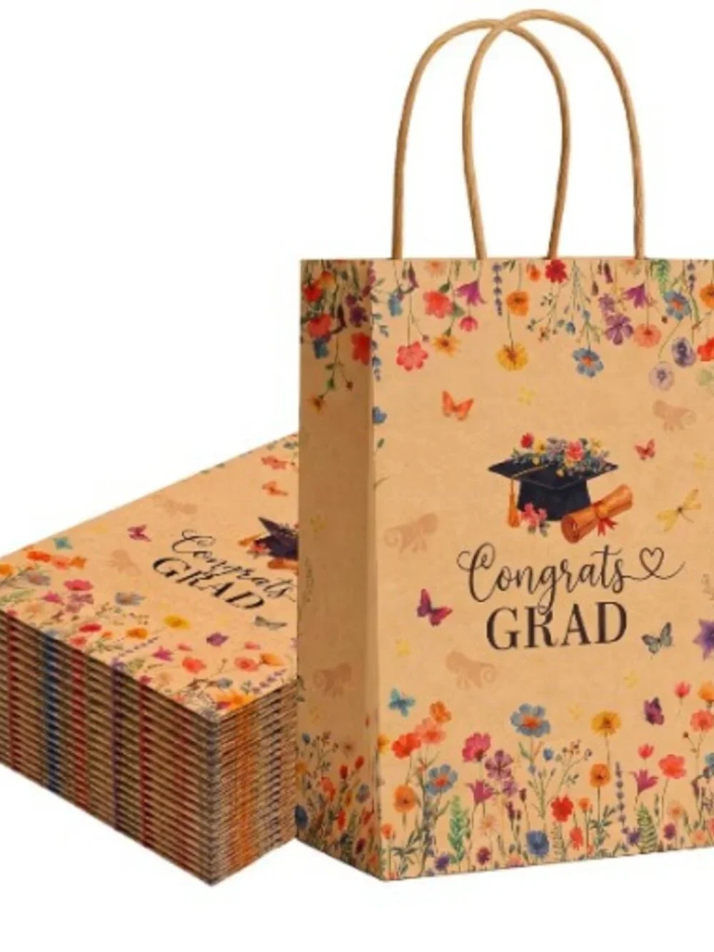 NEW 24 Pcs Wildflower Graduation Gift Bags - Brown Floral Design With Handles